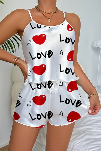 İntive Lingerie Love Patterned White Satin Shorts Nightdress Set