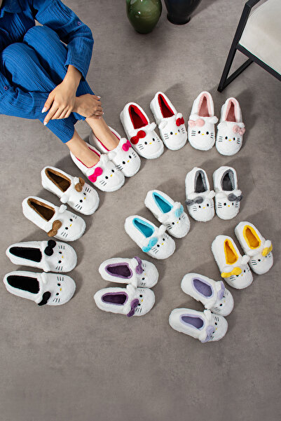 SWORD Hello Figürlü Kurdela Detaylı | Fiyonklu Kışlık Unisex Ev Terliği | Kaydırmaz Taban