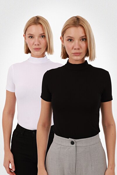 Yade Fashion Kadın 2'li Kısa Kollu Bluz Set – Siyah Beyaz