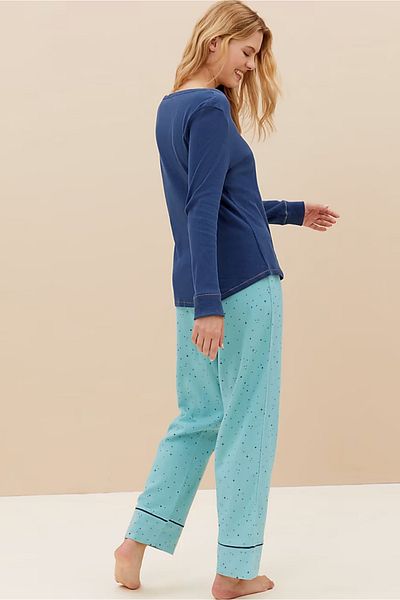 DOFİ Women's Blue V-Neck Buttoned Pajama Set – Summer Home Wear, Ribbed Cuffs, Viscose Blended Ku