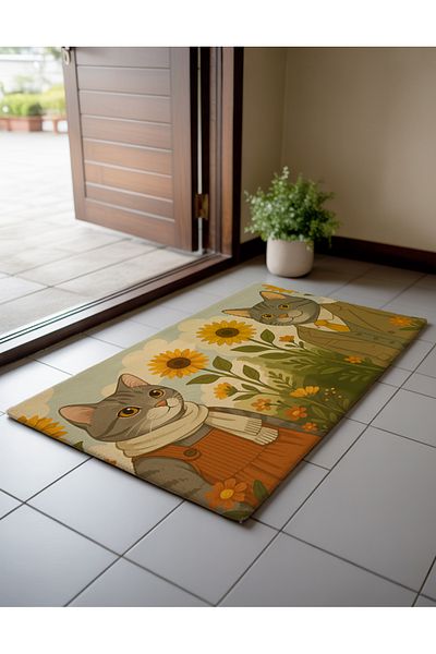 Artvibe Vintage Style Ghibli Cat Pair and Sunflower Door Mat