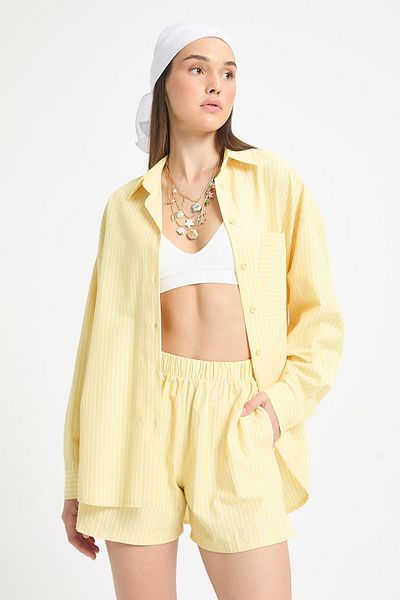 minaaise Yellow White Striped Oversize Shirt/Shorts Bottom-Top Set 27381