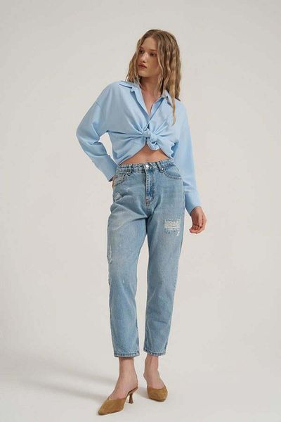 Quzu 71312 Pantaloni din denim cu detaliu rupt Albastru deschis