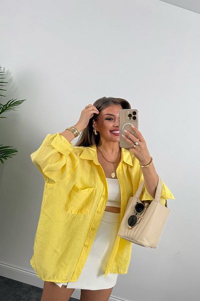 LİSAA BUTİK Off Shoulder Oversize Standard Size Yellow Shirt