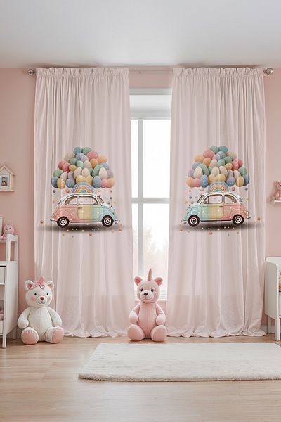 EVPANYA Pink Pastel Car Patterned Children's Baby Room Background Curtain (Single Wing Pricing)