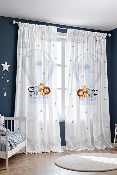 EVPANYA Mavi Balonlu Uçan Hayvanlar Desenli Çocuk Bebek Odası Fon Perde (Tek Kanat Fiyatlandırma)