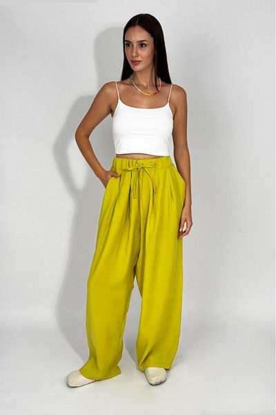 Betimoda Women's Woven Modal Elastic Waist Wide Leg Pocket Drawstring Palazzo Trousers Pistachio Green