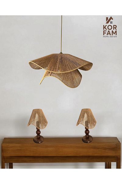 KorFam Breeze Model Chandelier & Lampshade Set - Wicker Handmade Bohemian Chandelier Set of 2 Rustic Lampshade with Wooden Legs