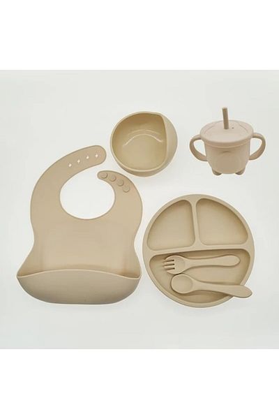 OEM Silicone Baby Feeding Set, BPA-Free, Non-Slip, Beige