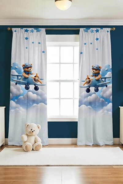 EVPANYA Mavi Bulutlu Pilot Ayıcık Desenli Çocuk Bebek Odası Fon Perde (Tek Kanat Fiyatlandırma)