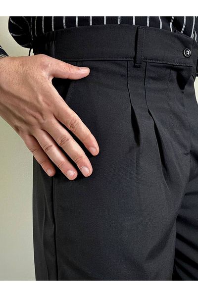 Arvens Men's Black High Waist Pleated Fabric Trousers Modern Button Stylish and Suitable for Daily Wear