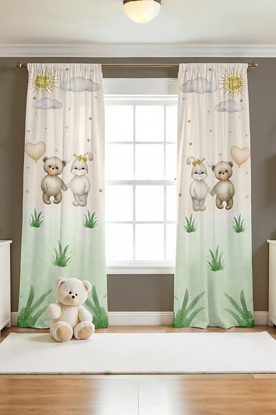 EVPANYA Bear and Rabbit Brother Patterned Children's Baby Room Background Curtain (Single Wing Pricing)
