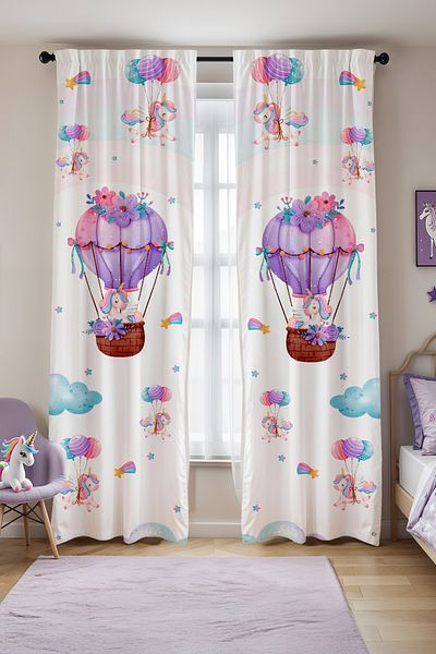 EVPANYA Balloon Flying Unicorns Patterned Children's Baby Room Background Curtain (Single Wing Pricing)