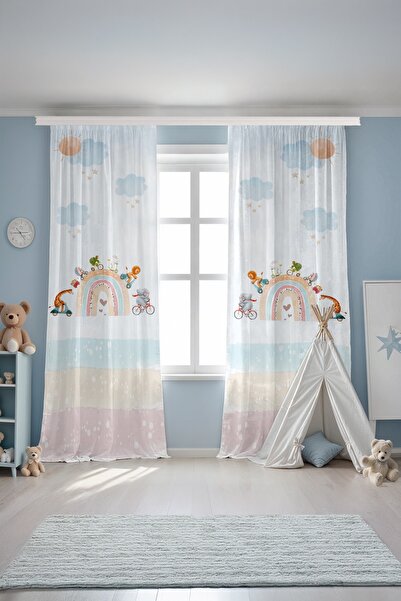 EVPANYA Gökkuşağında Yarışan Safari Desenli Çocuk Bebek Odası Fon Perde (Tek Kanat Fiyatlandırma)