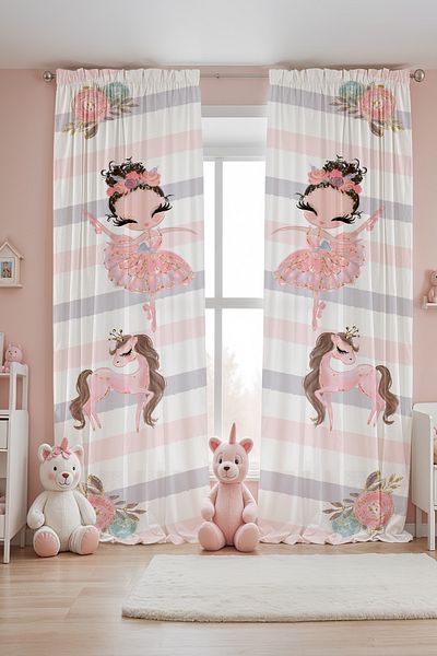 EVPANYA Unicorn Horse and Ballerina Patterned Children's Baby Room Background Curtain (Single Wing Pricing)