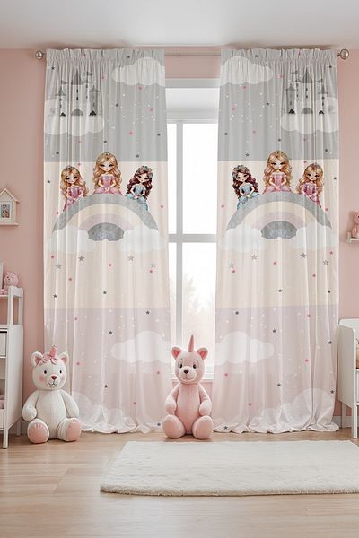 EVPANYA Gray Rainbow Princesses Patterned Children's Baby Room Background Curtain (Single Wing Pricing)