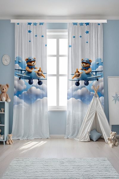 EVPANYA Blue Cloudy Pilot Teddy Bear Παιδική κουρτίνα φόντου μωρού με μοτίβο (Τιμή μονής πτερύγιο)