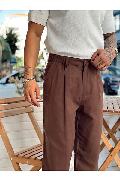 manch collection Baggy Pleated Linen Trousers Coffee