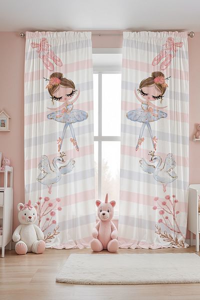 EVPANYA Golden Swan and Ballerina Patterned Children's Baby Room Background Curtain (Single Wing Pricing)