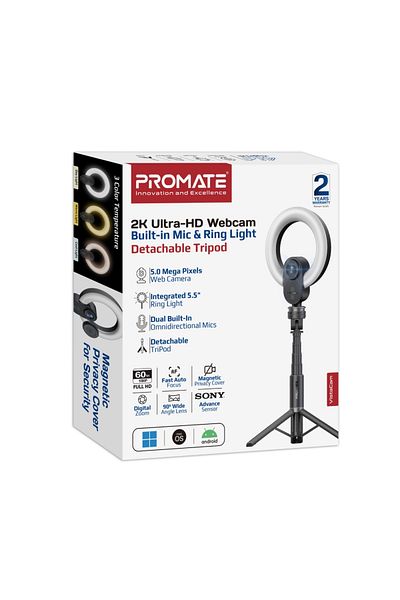 Promate VistaCam 2K Ultra HD Webcam with 5.5" Ring Light, Auto Focus, Dual Microphones
