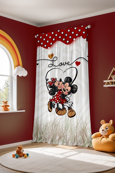 EVPANYA Mickey ve Minnie Desenli Çocuk Bebek Odası Fon Perde (Tek Kanat Fiyatlandırma)