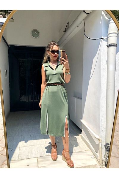 Gözde Tasarım Butik Women's Khaki Color Collar Half Zipper Midi Length Slit Modal Dress