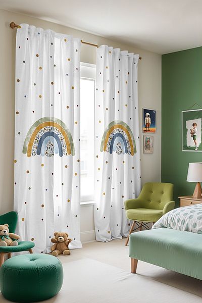 EVPANYA Green Floral Rainbow Patterned Children's Baby Room Background Curtain (Single Wing Pricing)