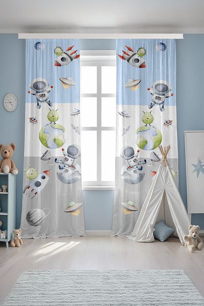 EVPANYA Blue Gray Space Patterned Children's Baby Room Background Curtain (Single Wing Pricing)