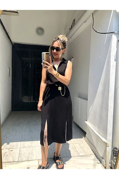 Gözde Tasarım Butik Women's Black Color Collar Half Zipper Midi Length Slit Modal Dress