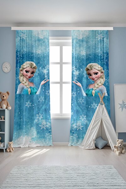 EVPANYA Kartaneli Mavi Elsa Desenli Çocuk Bebek Odası Fon Perde (Tek Kanat Fiyatlandırma)