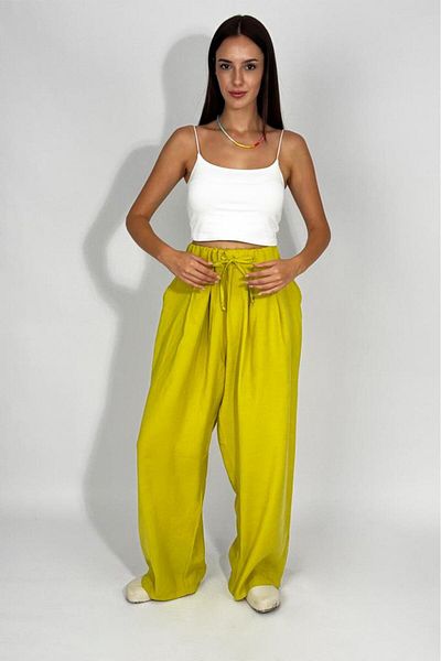 Betimoda Women's Woven Modal Elastic Waist Wide Leg Pocket Drawstring Palazzo Trousers Pistachio Green