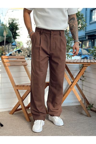manch collection Baggy Pleated Linen Trousers Coffee