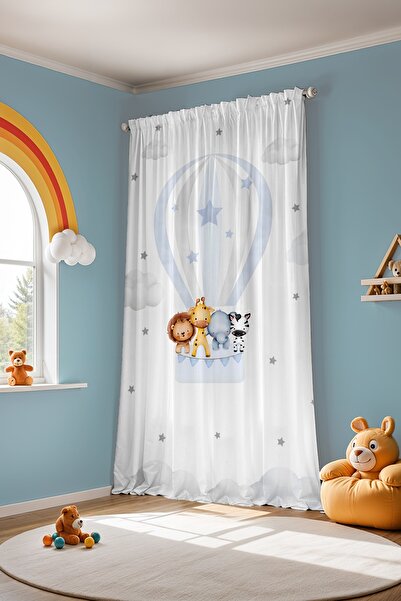 EVPANYA Mavi Balonlu Uçan Hayvanlar Desenli Çocuk Bebek Odası Fon Perde (Tek Kanat Fiyatlandırma)