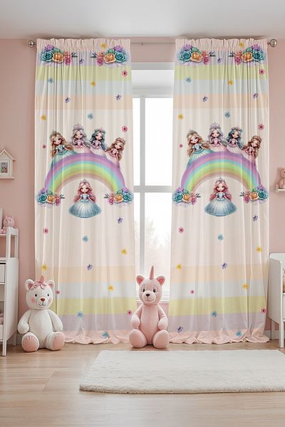 EVPANYA Cream Rainbow Princesses Patterned Children's Baby Room Background Curtain (Single Wing Pricing)