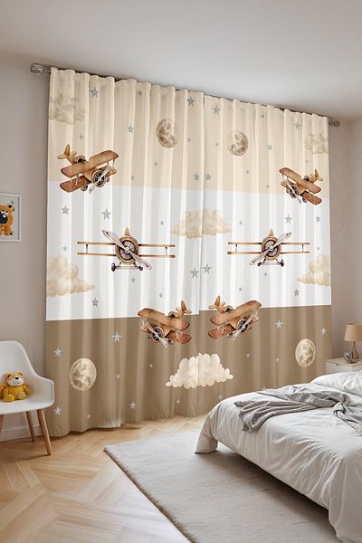 EVPANYA Striped Planes Patterned Children's Baby Room Background Curtain (Single Wing Pricing)