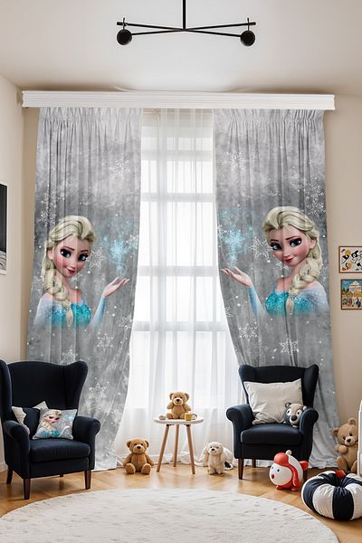 EVPANYA Snow Crystal Gray Elsa Patterned Children's Baby Room Background Curtain (Single Wing Pricing)