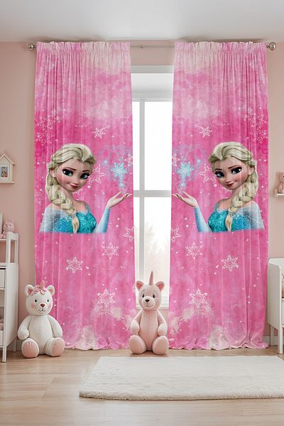 EVPANYA Snow Crystal Pink Elsa Patterned Children's Baby Room Background Curtain (Single Wing Pricing)