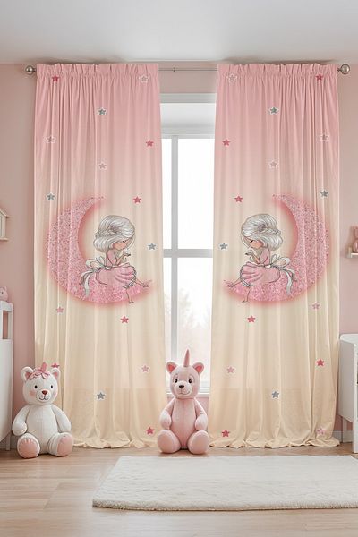 EVPANYA Princess on the Twinkling Moon Patterned Children's Baby Room Background Curtain (Single Wing Pricing)