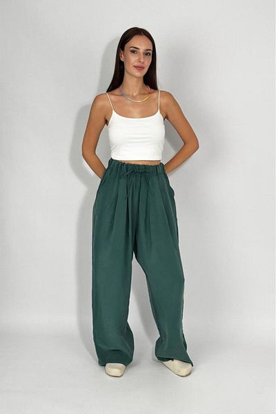 Betimoda Women's Woven Modal Elastic Waist Wide Leg Pocket Drawstring Palazzo Pants Emerald Green