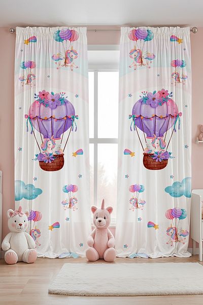 EVPANYA Balloon Flying Unicorns Patterned Children's Baby Room Background Curtain (Single Wing Pricing)