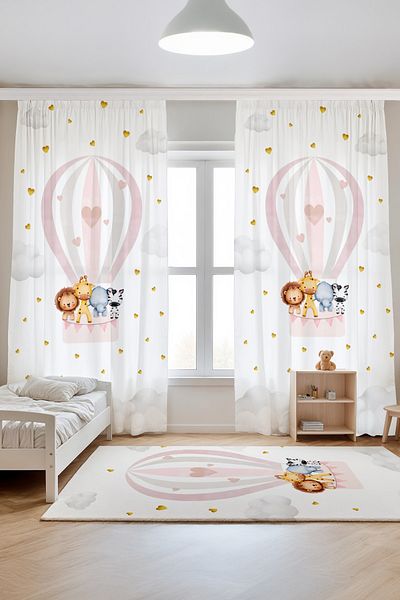 EVPANYA Pink Balloon Flying Animals Patterned Children's Baby Room Background Curtain (Single Wing Pricing)