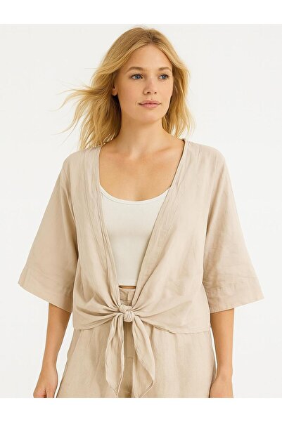 Butik İtalyan Vual Pamuklu Kumaş Önden Bağlamalı Bluz - BEJ