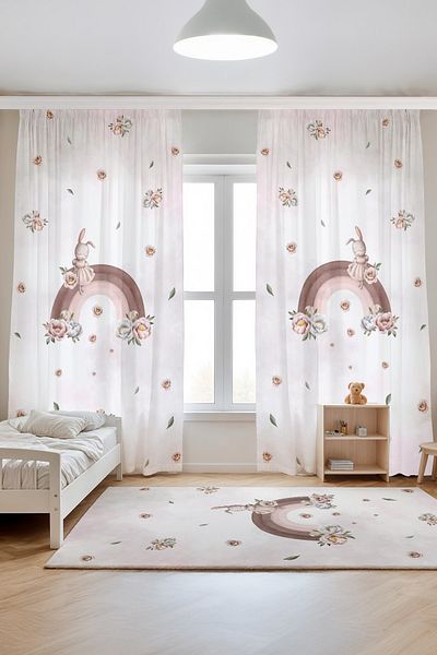 EVPANYA Rainbow Floral Rabbit Patterned Children's Baby Room Background Curtain (Single Wing Pricing)