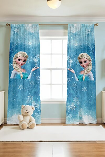 EVPANYA Kartaneli Mavi Elsa Desenli Çocuk Bebek Odası Fon Perde (Tek Kanat Fiyatlandırma)