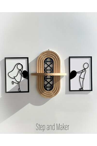 Step and Maker Çift Katmanlı 'Kalpli Çiftler Tablo' & Ortası Desenli Duvar Rafı