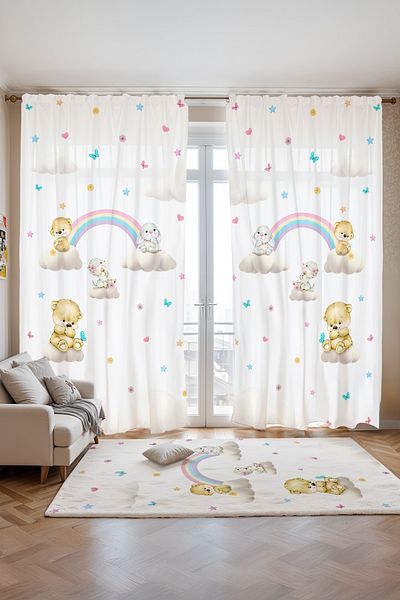 EVPANYA Cloud and Rainbow Friends Patterned Children's Baby Room Background Curtain (Single Wing Pricing)