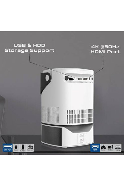 Promate 4K Ultra HD LCD Projector, 250 ANSI Lumens Brightness, Adjustable Telescopic Stand, Built-in Speaker