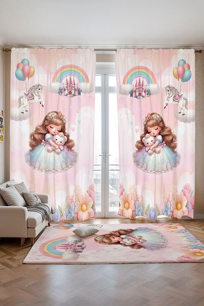 EVPANYA Princess Patterned Children's Baby Room Background Curtain with Teddy Bear (Single Wing Pricing)
