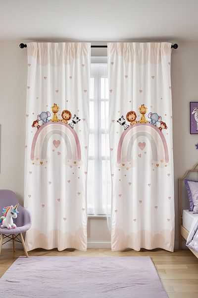 EVPANYA Pink Heart Rainbow Safari Patterned Children's Baby Room Background Curtain (Single Wing Pricing)