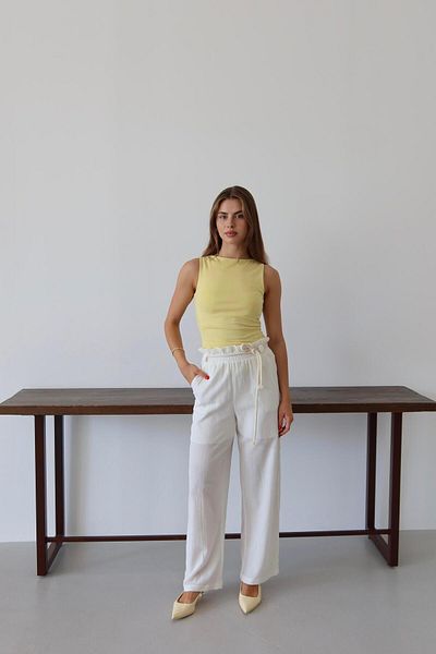 Jeevee White Crinkle Fabric Lace-Up Summer Trousers